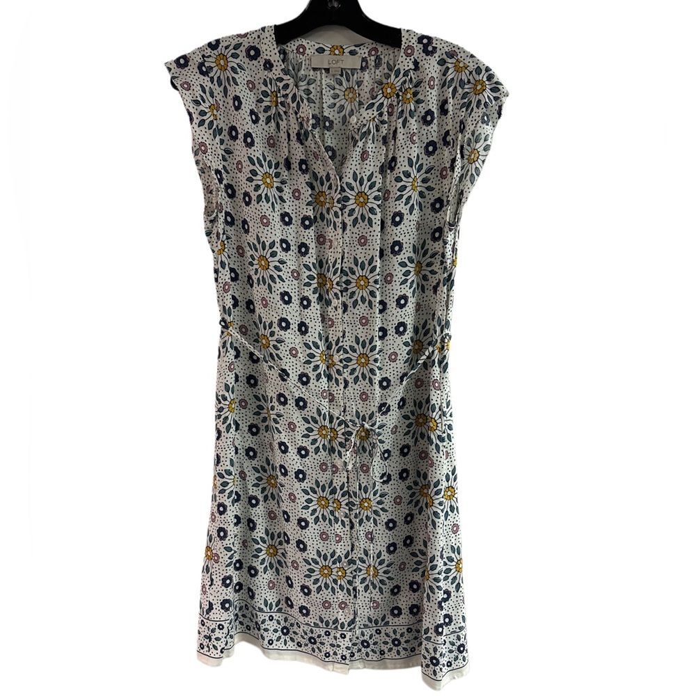 Loft White Colorful Flowers Belted Short Sleeve Button Down Rayon Dress Size S